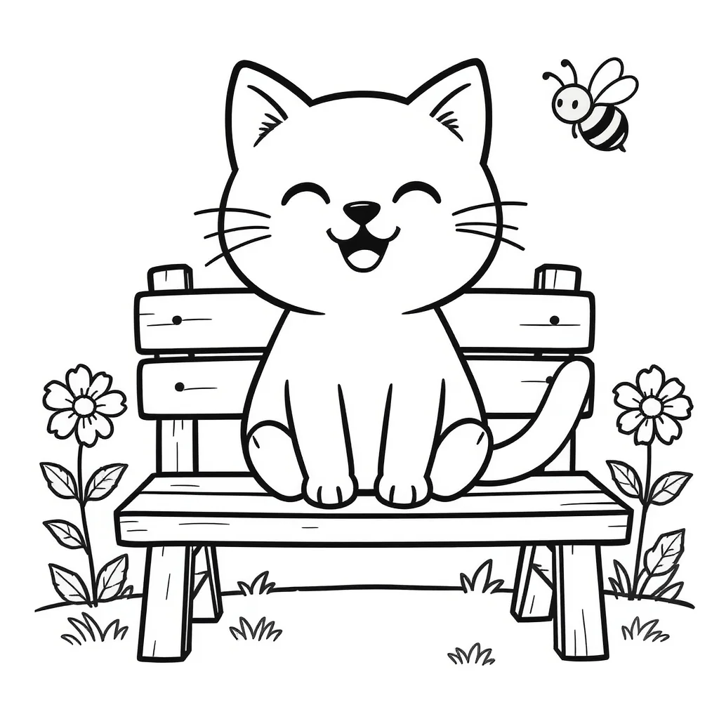 Printable coloring page of a cute cat sitting on a bench with flowers
